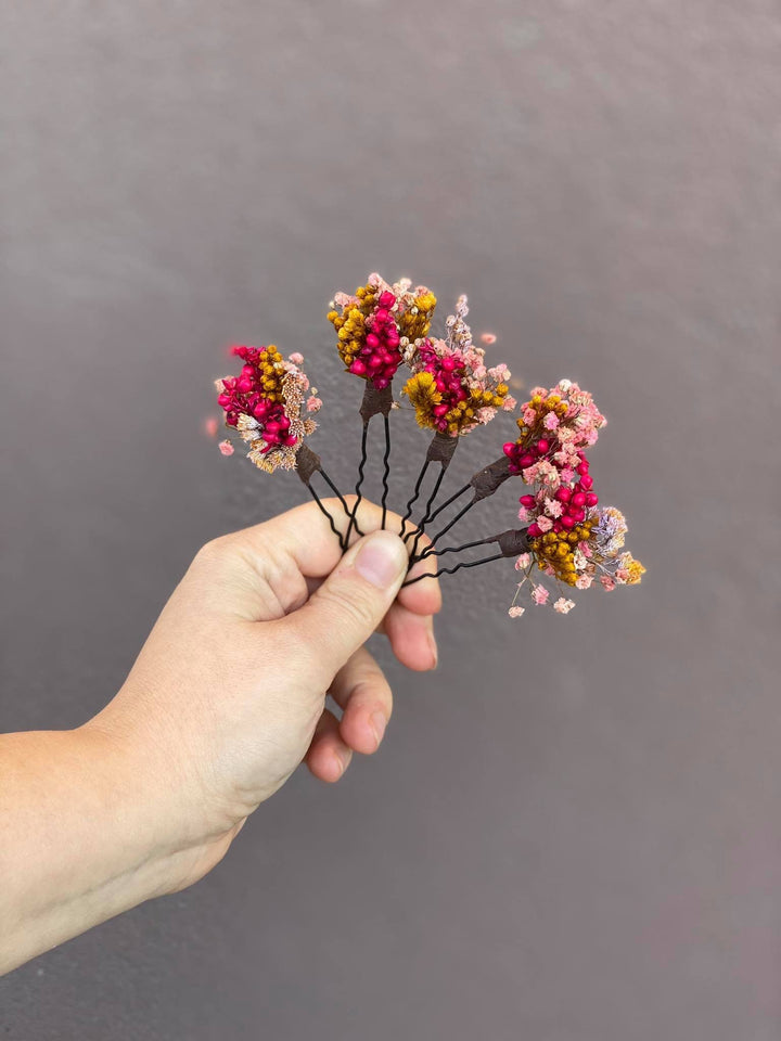 Dried Flower Hair Pins: Fuchsia Pink & Ochre Wedding Hair Accessories – handmade floral hair accessory by magaela