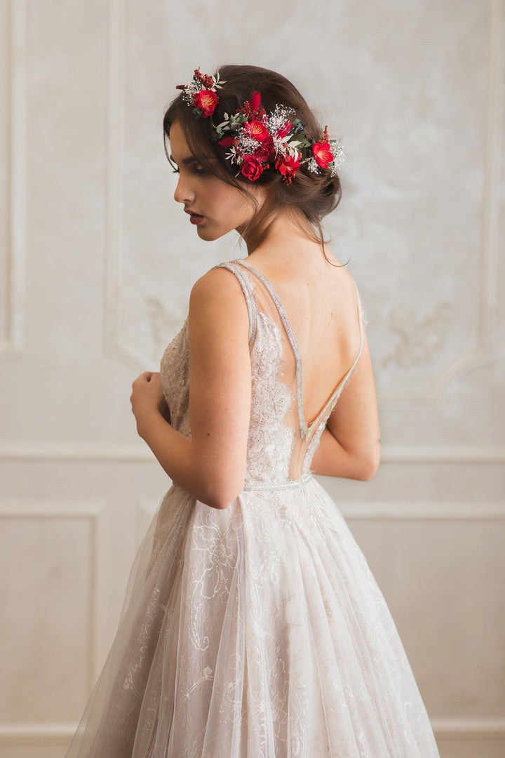 Red Flower Bridal Hair Comb: Flexible Wedding Hair Vine – handmade floral hair accessory by magaela