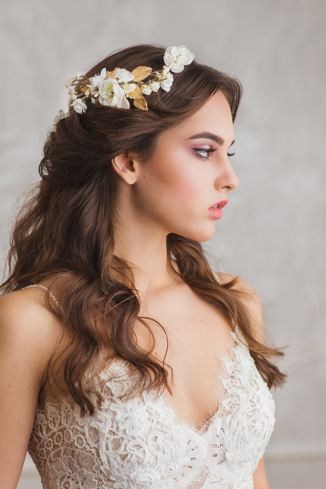 White Flower Bridal Hair Comb: Gold Wedding Hair Vine – handmade floral hair accessory by magaela