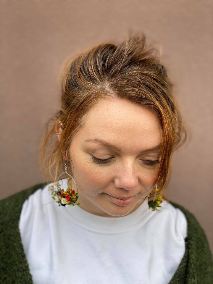 Folk Flower Circle Dangle Earrings: Dried Floral Bridal Jewelry – handmade floral hair accessory by magaela