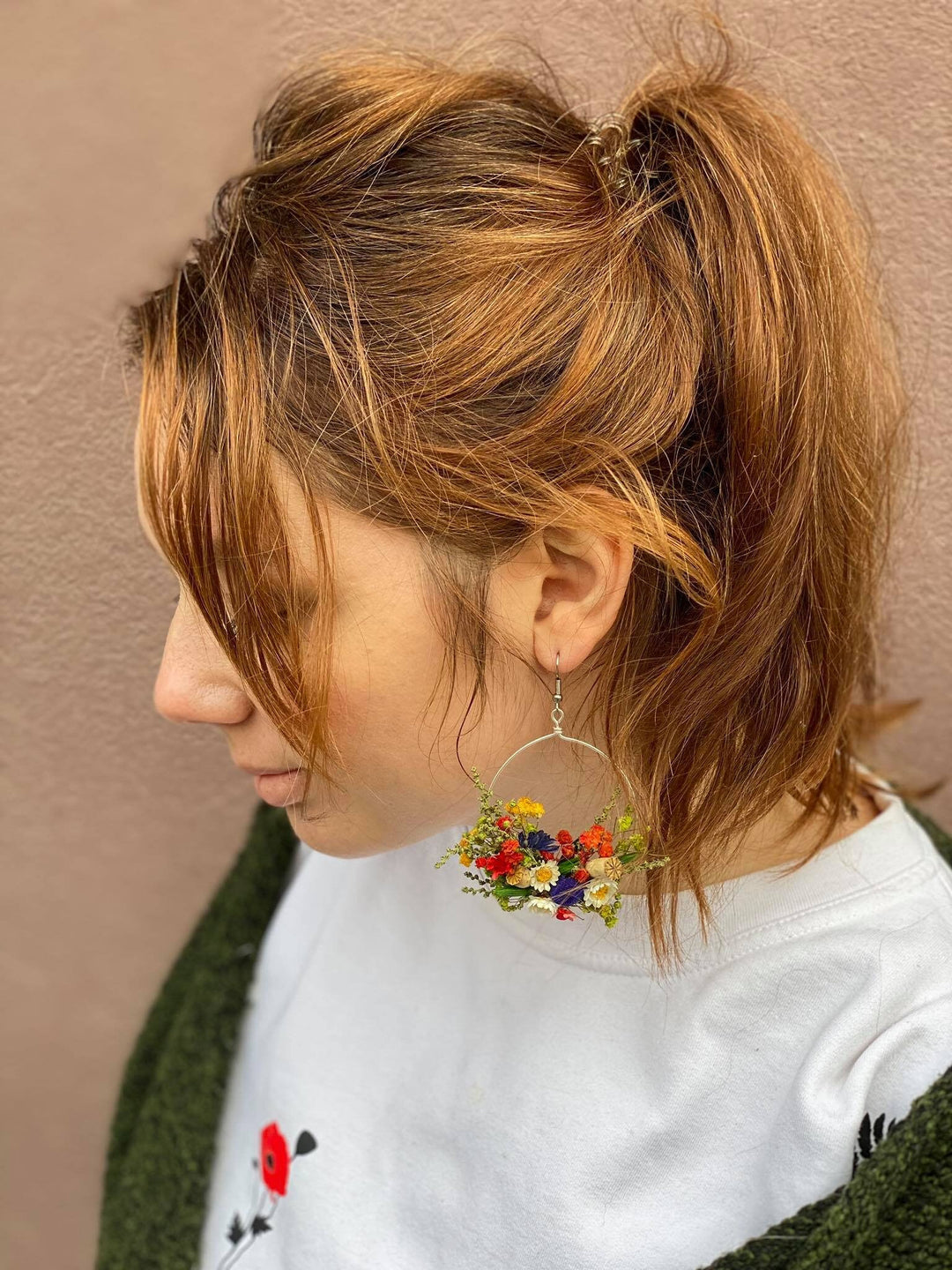 Folk Flower Circle Dangle Earrings: Dried Floral Bridal Jewelry – handmade floral hair accessory by magaela