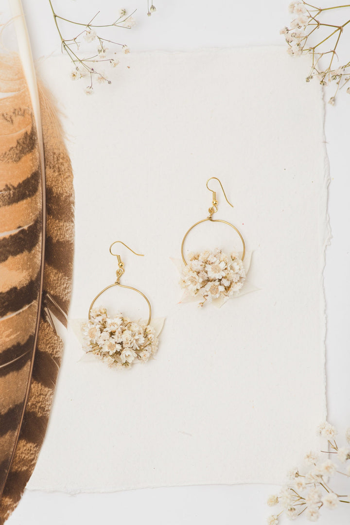 Baby's Breath Flower Earrings: Golden Circle Wedding Jewelry – handmade floral hair accessory by magaela