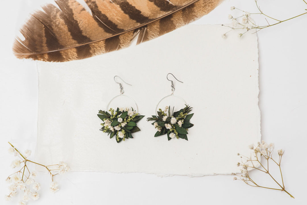 Greenery Circle Dangle Earrings: Baby's Breath, Surgical Steel Hook – handmade floral hair accessory by magaela