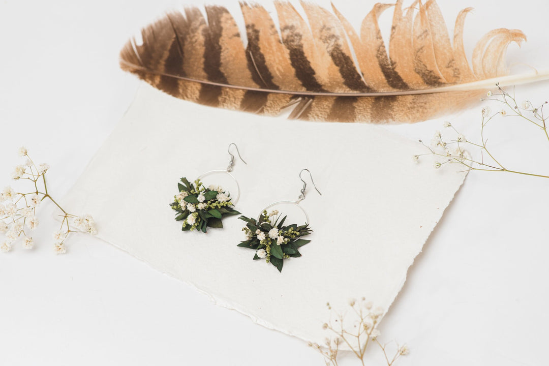 Greenery Circle Dangle Earrings: Baby's Breath, Surgical Steel Hook – handmade floral hair accessory by magaela