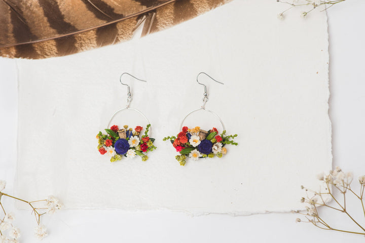 Folk Flower Circle Dangle Earrings: Dried Floral Bridal Jewelry – handmade floral hair accessory by magaela