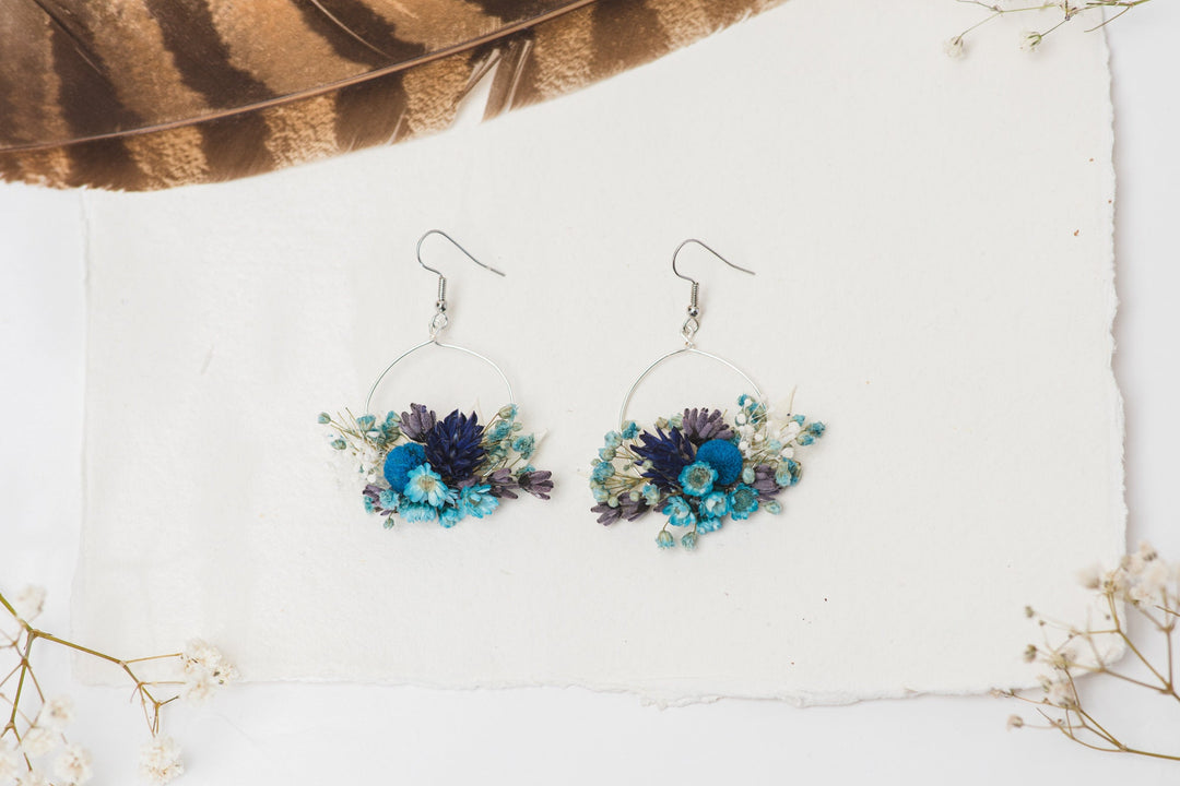 Blue Dried Flower Circle Earrings: Surgical Steel Bridal Jewelry – handmade floral hair accessory by magaela