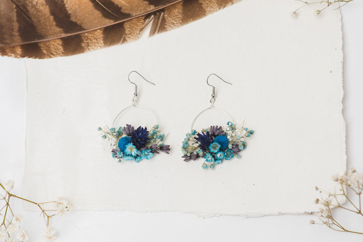 Blue Dried Flower Circle Earrings: Surgical Steel Bridal Jewelry – handmade floral hair accessory by magaela
