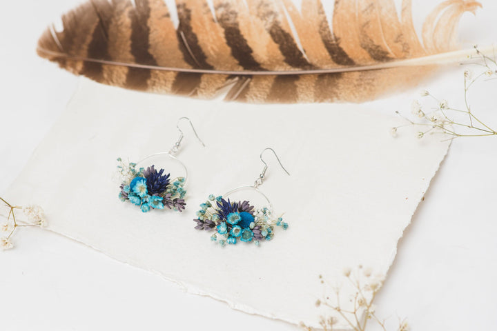 Blue Dried Flower Circle Earrings: Surgical Steel Bridal Jewelry – handmade floral hair accessory by magaela