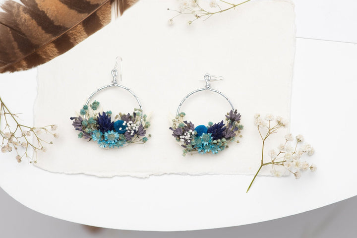 Blue Dried Flower Circle Earrings: Surgical Steel Bridal Jewelry – handmade floral hair accessory by magaela