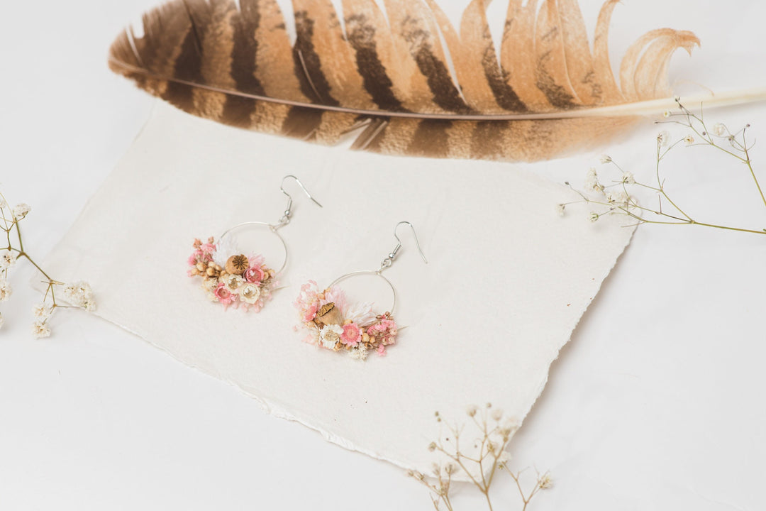 Blush Pink Dried Flower Earrings: Romantic Vintage Surgical Steel Dangle – handmade floral hair accessory by magaela