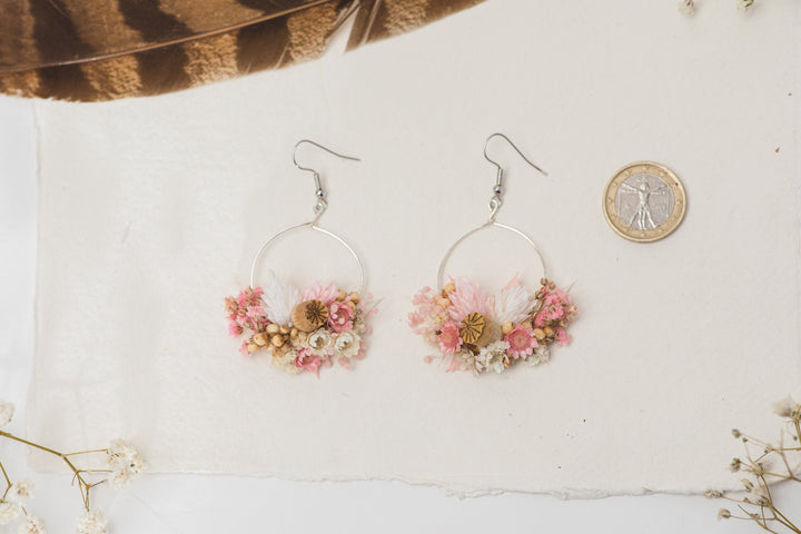 Blush Pink Dried Flower Earrings: Romantic Vintage Surgical Steel Dangle – handmade floral hair accessory by magaela