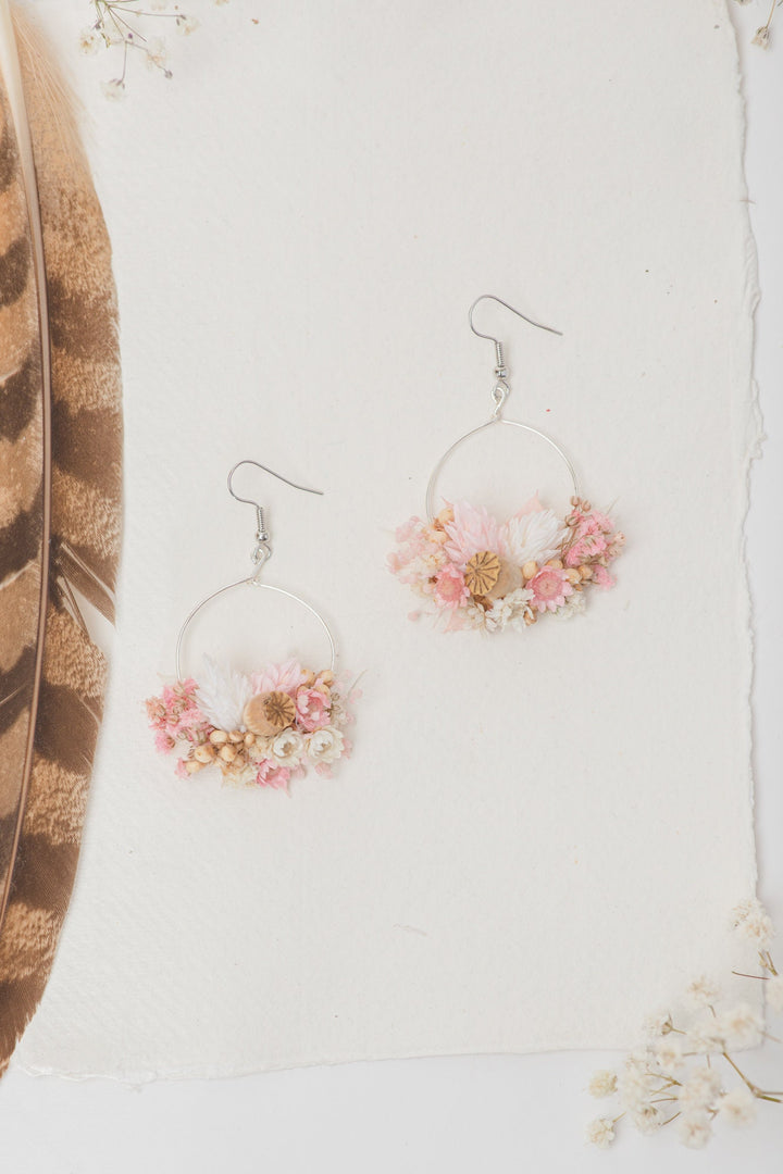 Blush Pink Dried Flower Earrings: Romantic Vintage Surgical Steel Dangle – handmade floral hair accessory by magaela