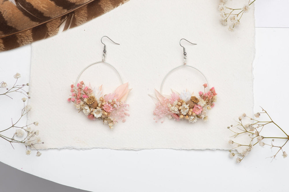 Blush Pink Dried Flower Earrings: Romantic Vintage Surgical Steel Dangle – handmade floral hair accessory by magaela