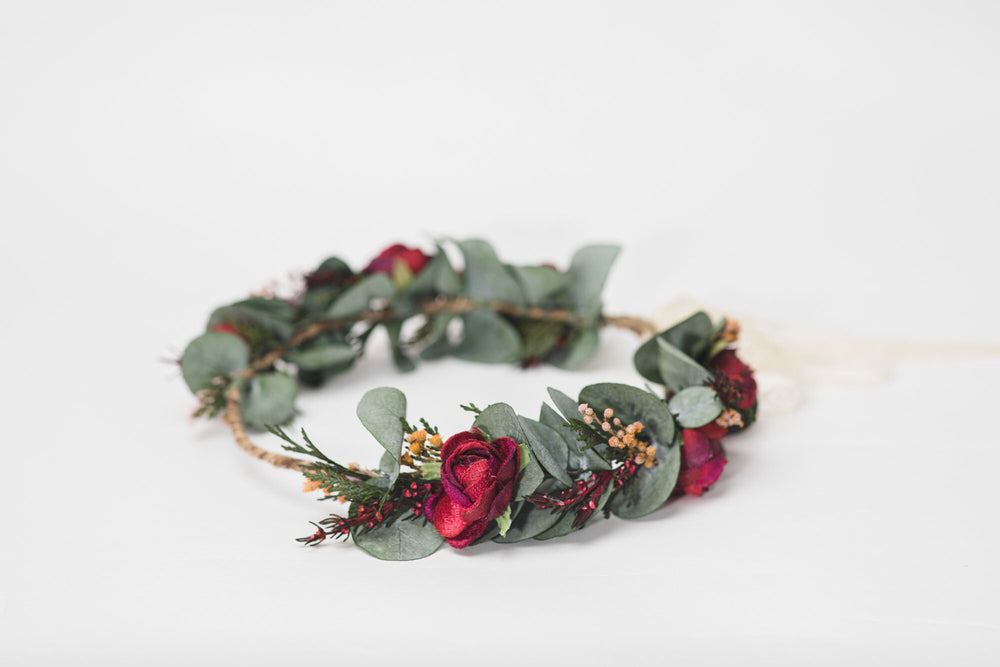 Handmade Eucalyptus Wedding Flower Crown: Burgundy Roses & Baby's Breath – handmade floral hair accessory by magaela