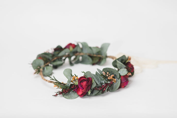 Handmade Eucalyptus Wedding Flower Crown: Burgundy Roses & Baby's Breath – handmade floral hair accessory by magaela
