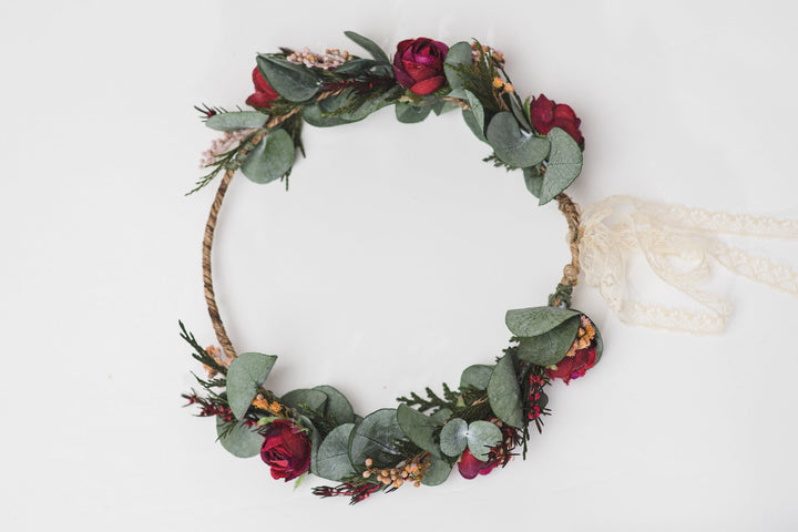 Handmade Eucalyptus Wedding Flower Crown: Burgundy Roses & Baby's Breath – handmade floral hair accessory by magaela
