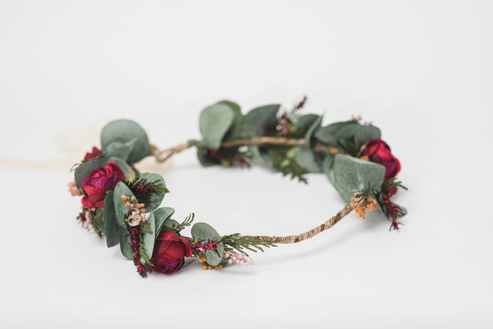 Handmade Eucalyptus Wedding Flower Crown: Burgundy Roses & Baby's Breath – handmade floral hair accessory by magaela
