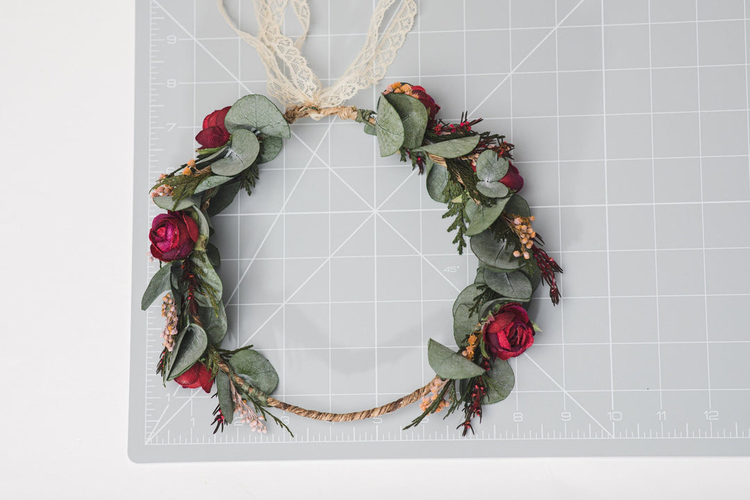 Handmade Eucalyptus Wedding Flower Crown: Burgundy Roses & Baby's Breath – handmade floral hair accessory by magaela