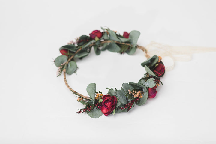 Handmade Eucalyptus Wedding Flower Crown: Burgundy Roses & Baby's Breath – handmade floral hair accessory by magaela