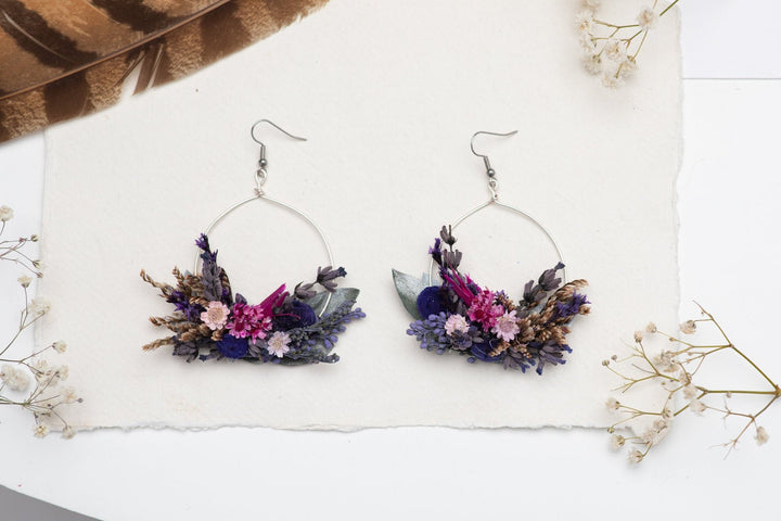Purple Flower Dangle Earrings: Dried Lavender, Surgical Steel – handmade floral hair accessory by magaela