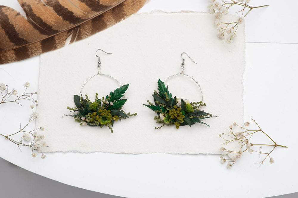 Greenery Circle Dangle Earrings: Preserved Baby's Breath, Surgical Steel – handmade floral hair accessory by magaela