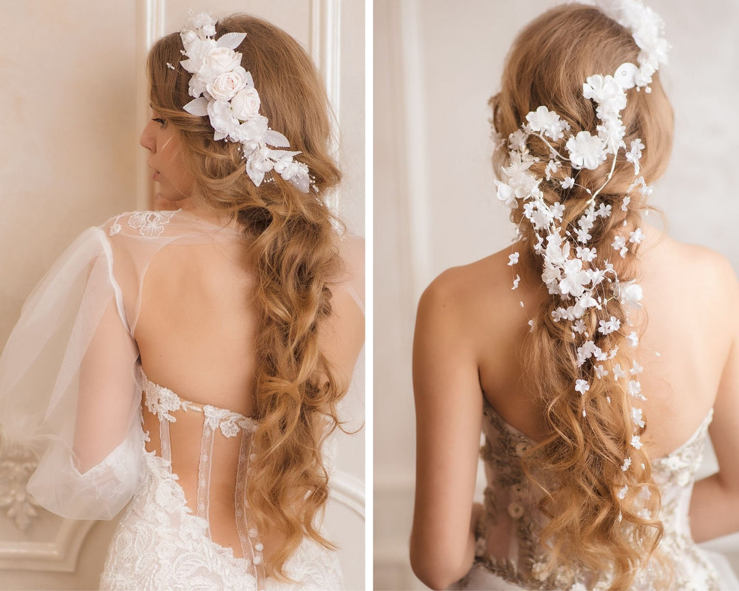 White Flower Bridal Hair Vine: Flexible Wedding Headpiece – handmade floral hair accessory by magaela