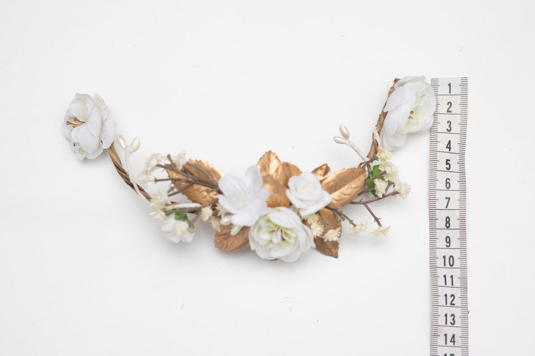 White Flower Bridal Hair Comb: Gold Wedding Hair Vine – handmade floral hair accessory by magaela