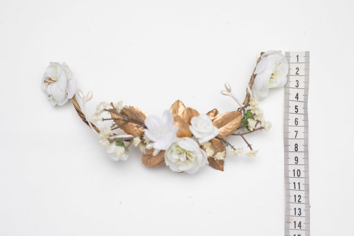 White Flower Bridal Hair Comb: Gold Wedding Hair Vine – handmade floral hair accessory by magaela