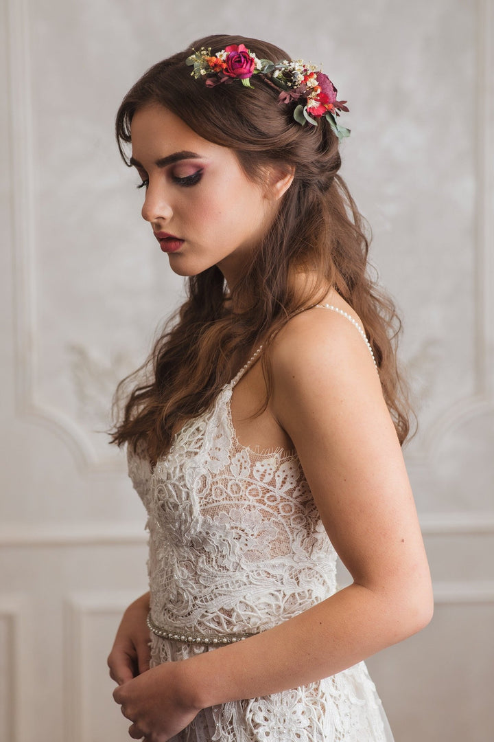 Red & Green Bridal Hair Vine: Eucalyptus Flower Crown – handmade floral hair accessory by magaela