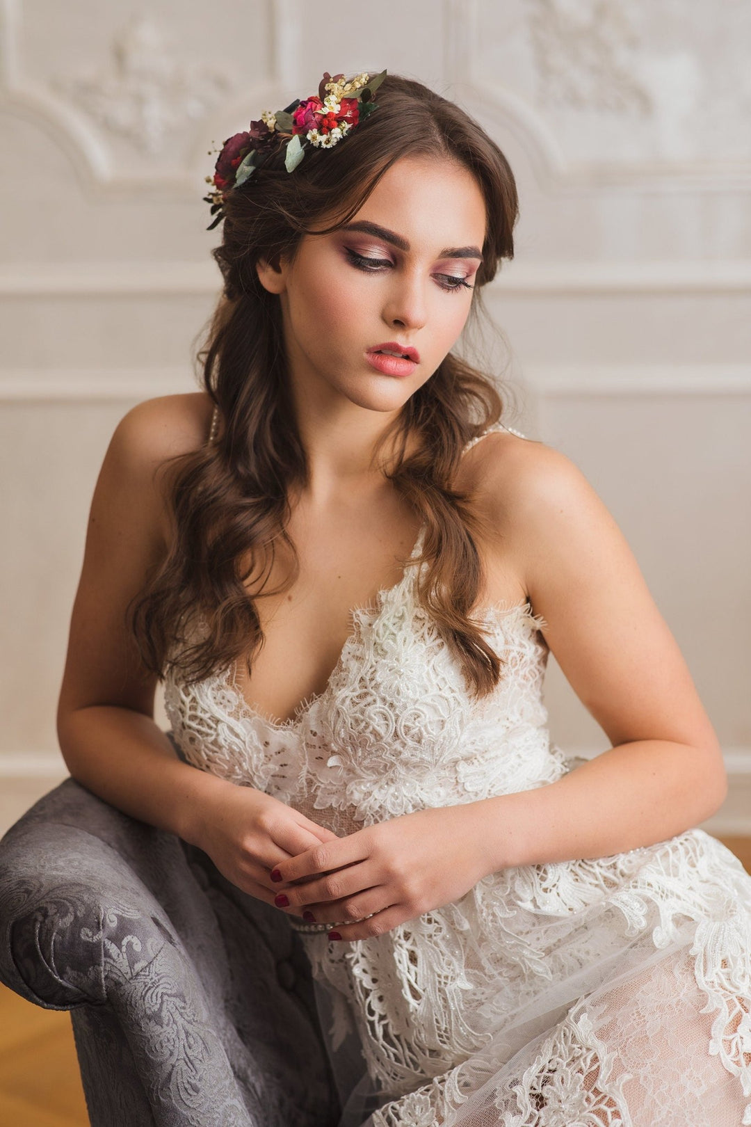 Red & Green Bridal Hair Vine: Eucalyptus Flower Crown – handmade floral hair accessory by magaela