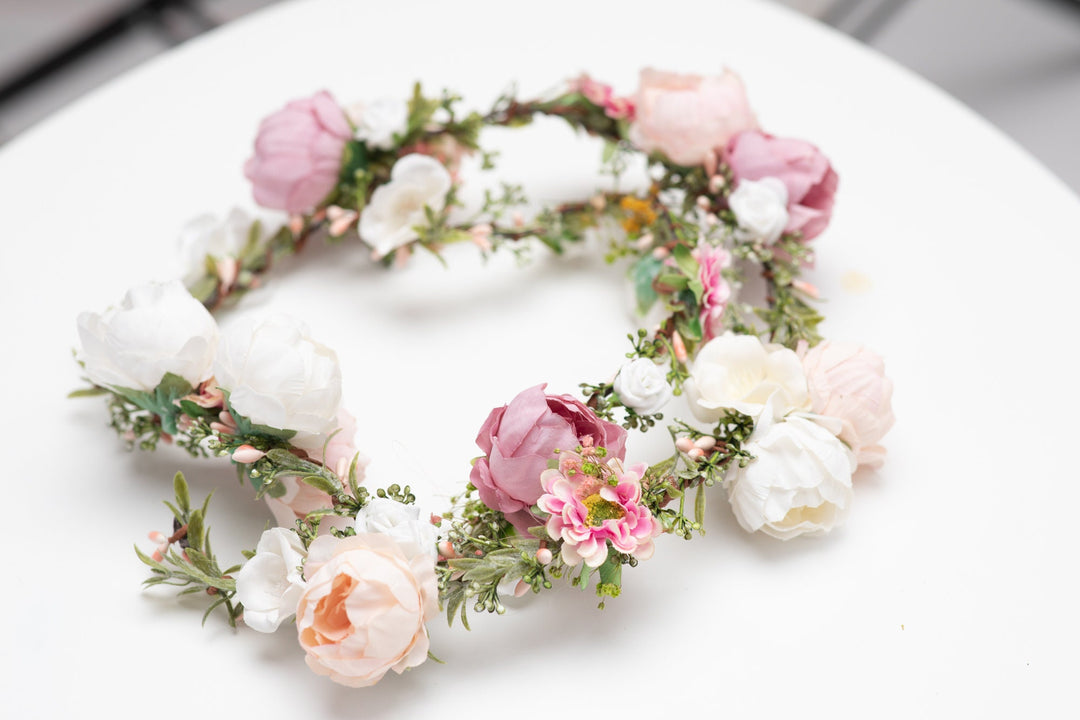 Peony Wedding Hair Garland: Ivory, Pink & Peach Flower Headpiece – handmade floral hair accessory by magaela