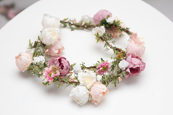 Peony Wedding Hair Garland: Ivory, Pink & Peach Flower Headpiece – handmade floral hair accessory by magaela