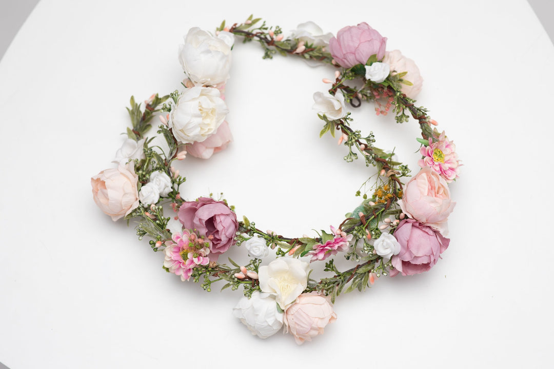 Peony Wedding Hair Garland: Ivory, Pink & Peach Flower Headpiece – handmade floral hair accessory by magaela