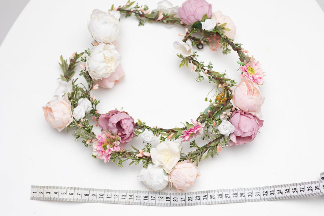 Peony Wedding Hair Garland: Ivory, Pink & Peach Flower Headpiece – handmade floral hair accessory by magaela
