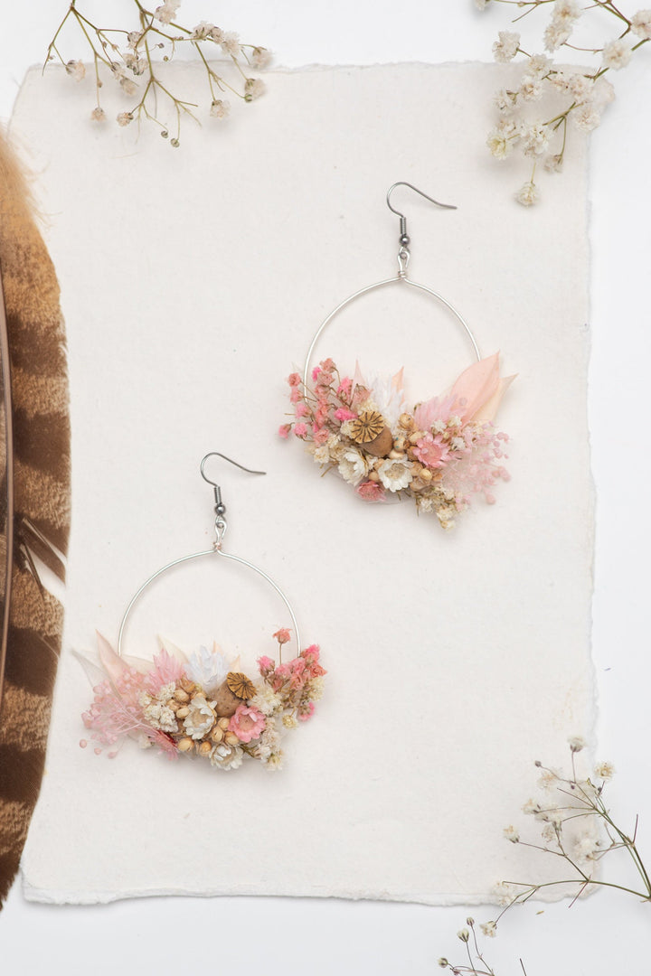 Blush Pink Dried Flower Earrings: Romantic Vintage Surgical Steel Dangle – handmade floral hair accessory by magaela