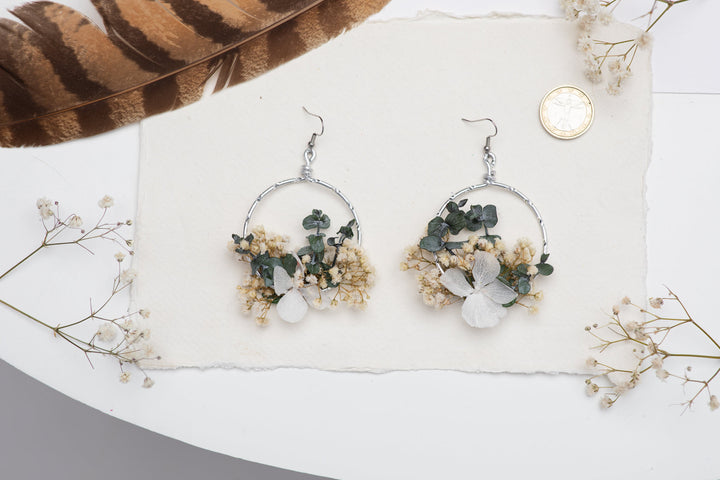 Baby's Breath Circle Dangle Earrings: Surgical Steel Flower Earrings – handmade floral hair accessory by magaela