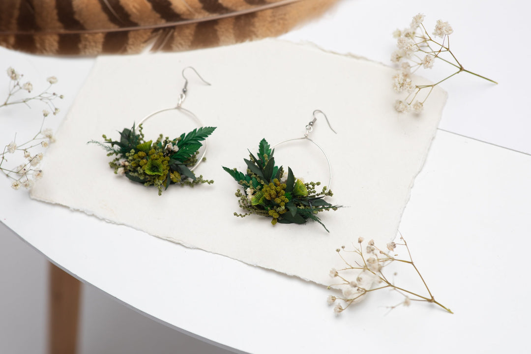 Greenery Circle Dangle Earrings: Preserved Baby's Breath, Surgical Steel – handmade floral hair accessory by magaela