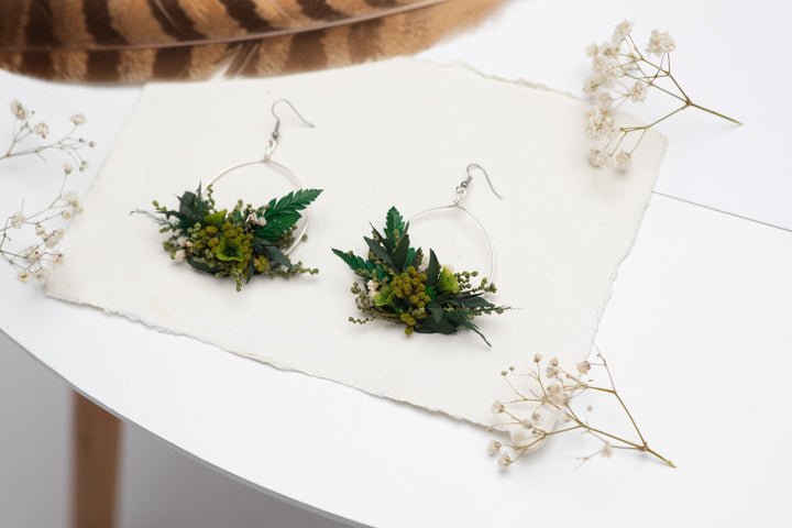 Greenery Circle Dangle Earrings: Preserved Baby's Breath, Surgical Steel – handmade floral hair accessory by magaela