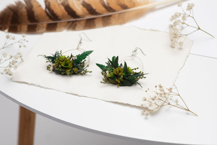 Greenery Circle Dangle Earrings: Preserved Baby's Breath, Surgical Steel – handmade floral hair accessory by magaela