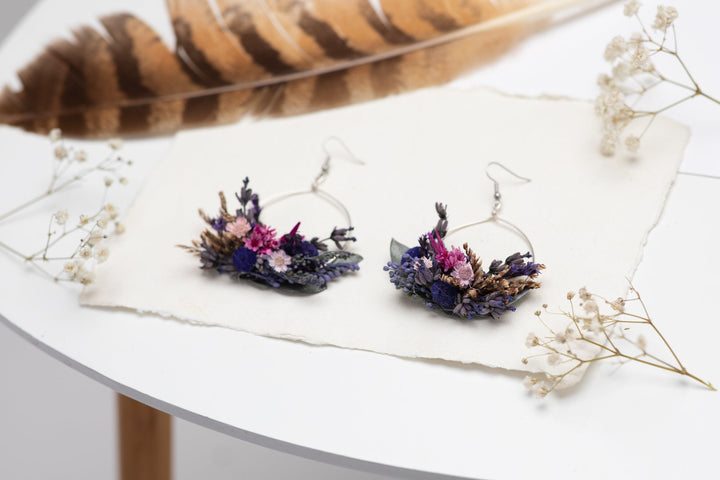 Purple Flower Dangle Earrings: Dried Lavender, Surgical Steel – handmade floral hair accessory by magaela