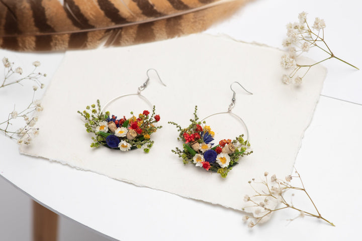 Folk Flower Circle Dangle Earrings: Dried Floral Bridal Jewelry – handmade floral hair accessory by magaela