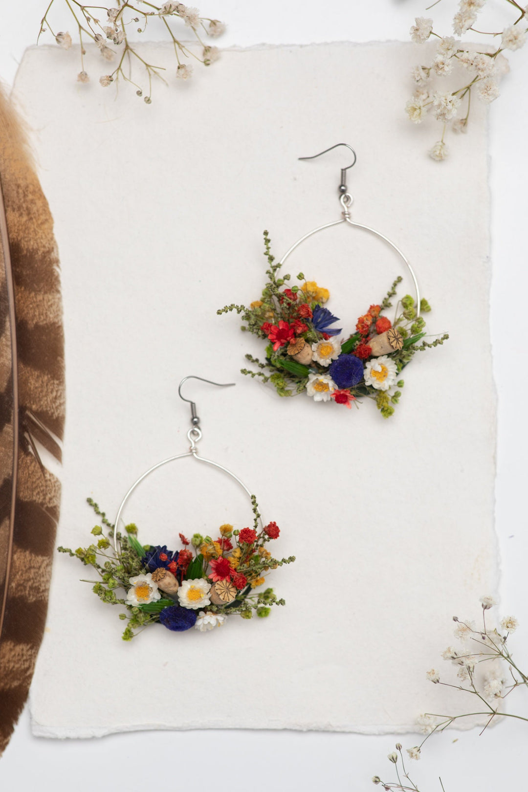 Folk Flower Circle Dangle Earrings: Dried Floral Bridal Jewelry – handmade floral hair accessory by magaela