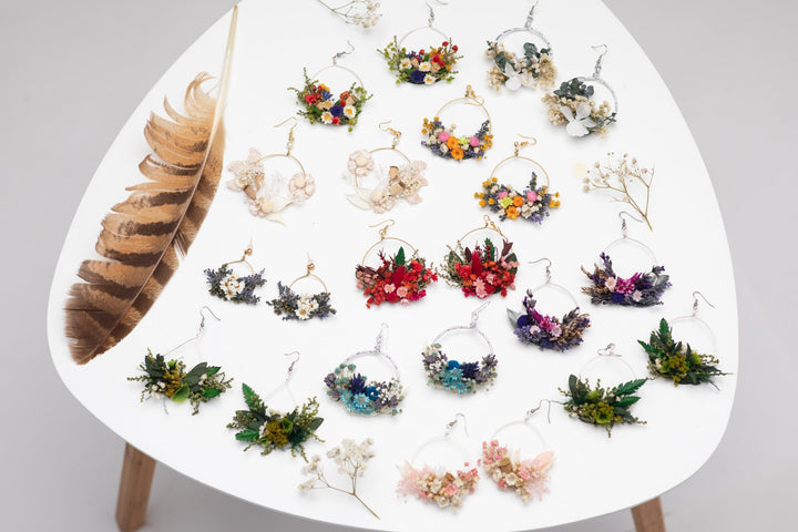 Folk Flower Circle Dangle Earrings: Dried Floral Bridal Jewelry – handmade floral hair accessory by magaela