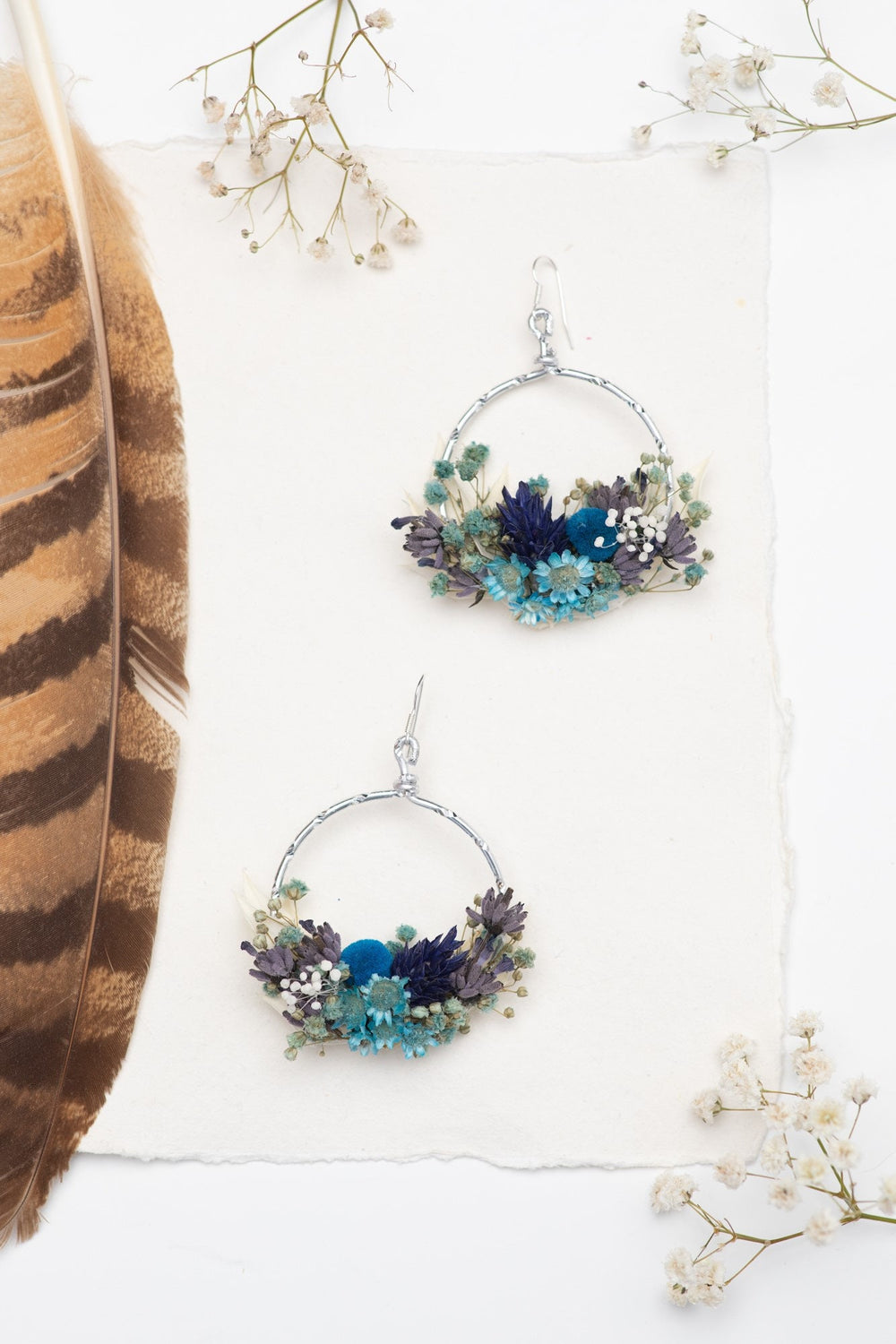 Blue Dried Flower Circle Earrings: Surgical Steel Bridal Jewelry – handmade floral hair accessory by magaela