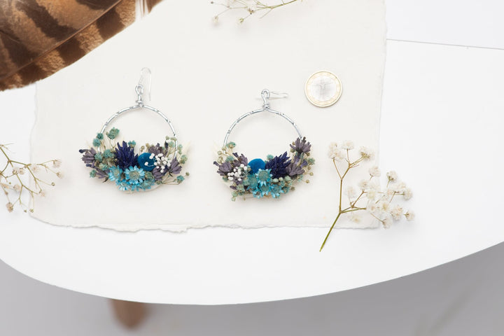 Blue Dried Flower Circle Earrings: Surgical Steel Bridal Jewelry – handmade floral hair accessory by magaela