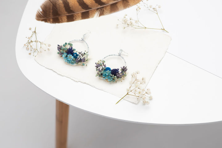 Blue Dried Flower Circle Earrings: Surgical Steel Bridal Jewelry – handmade floral hair accessory by magaela