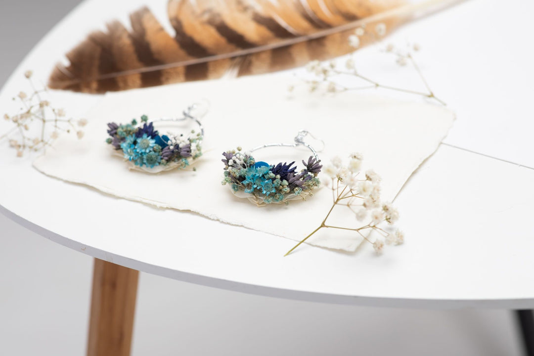 Blue Dried Flower Circle Earrings: Surgical Steel Bridal Jewelry – handmade floral hair accessory by magaela
