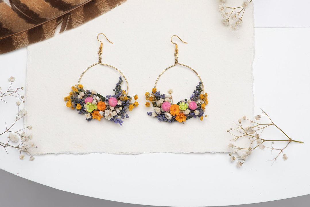 Dried Flower Circle Dangle Earrings: Golden Meadow Bridal Jewelry – handmade floral hair accessory by magaela