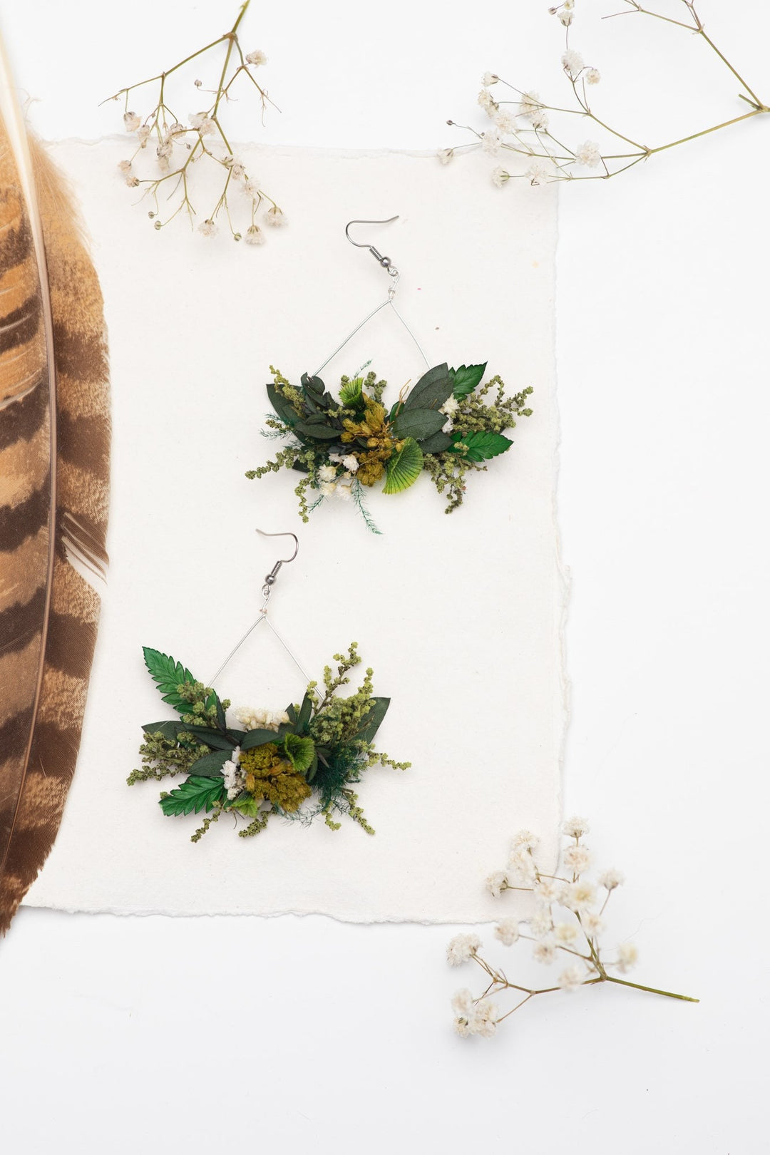 Greenery Triangle Dangle Earrings: Dried Flower Bridal Jewelry – handmade floral hair accessory by magaela