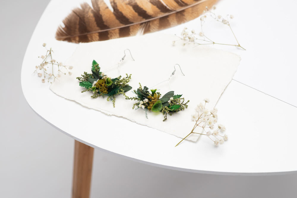 Greenery Triangle Dangle Earrings: Dried Flower Bridal Jewelry – handmade floral hair accessory by magaela